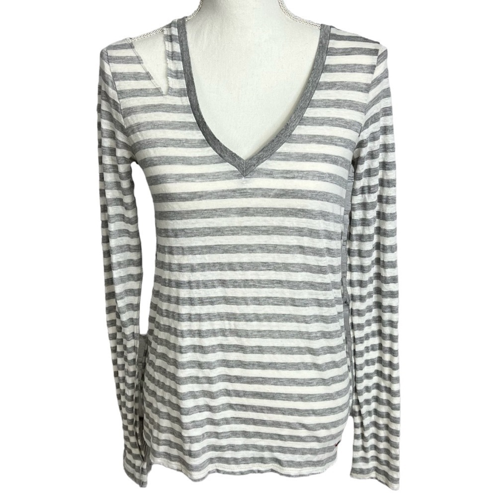 N:Philanthropy Manhattan V Neck Tee‎ Size S Heather Grey Stripe Shoulder Cut Out